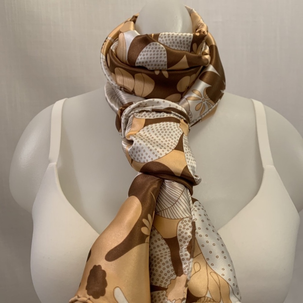 Floral Japanese Print Silk Scarf - Brown & Orange